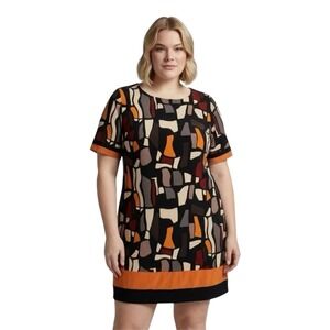 Madison Leigh Woman Abstract Geometric Print Shift Dress Orange Black 18W